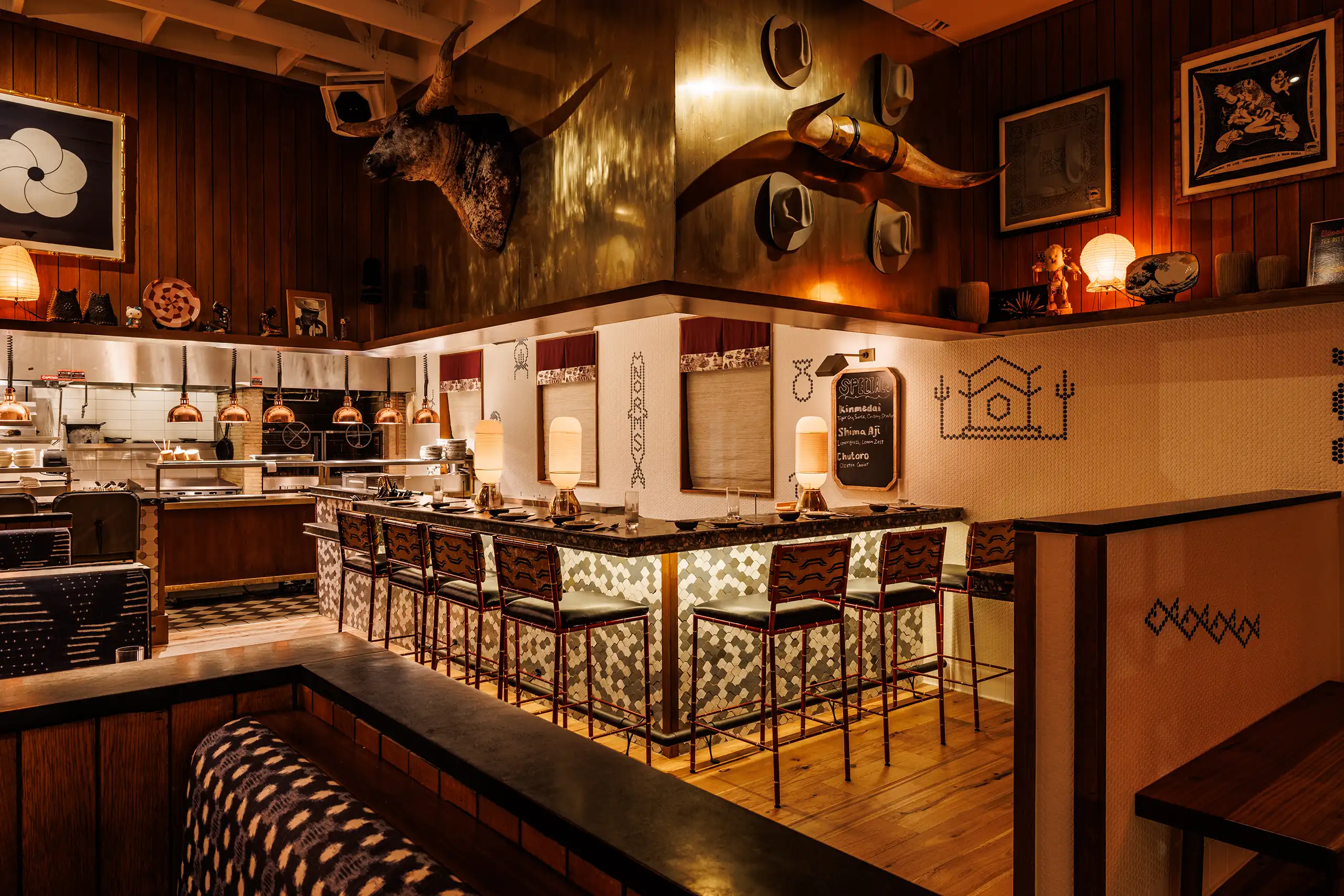 Upscale dining area with bar